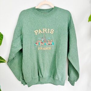 Vintage 90s Paris France Green Embroidered Souvenir Sweatshirt B4